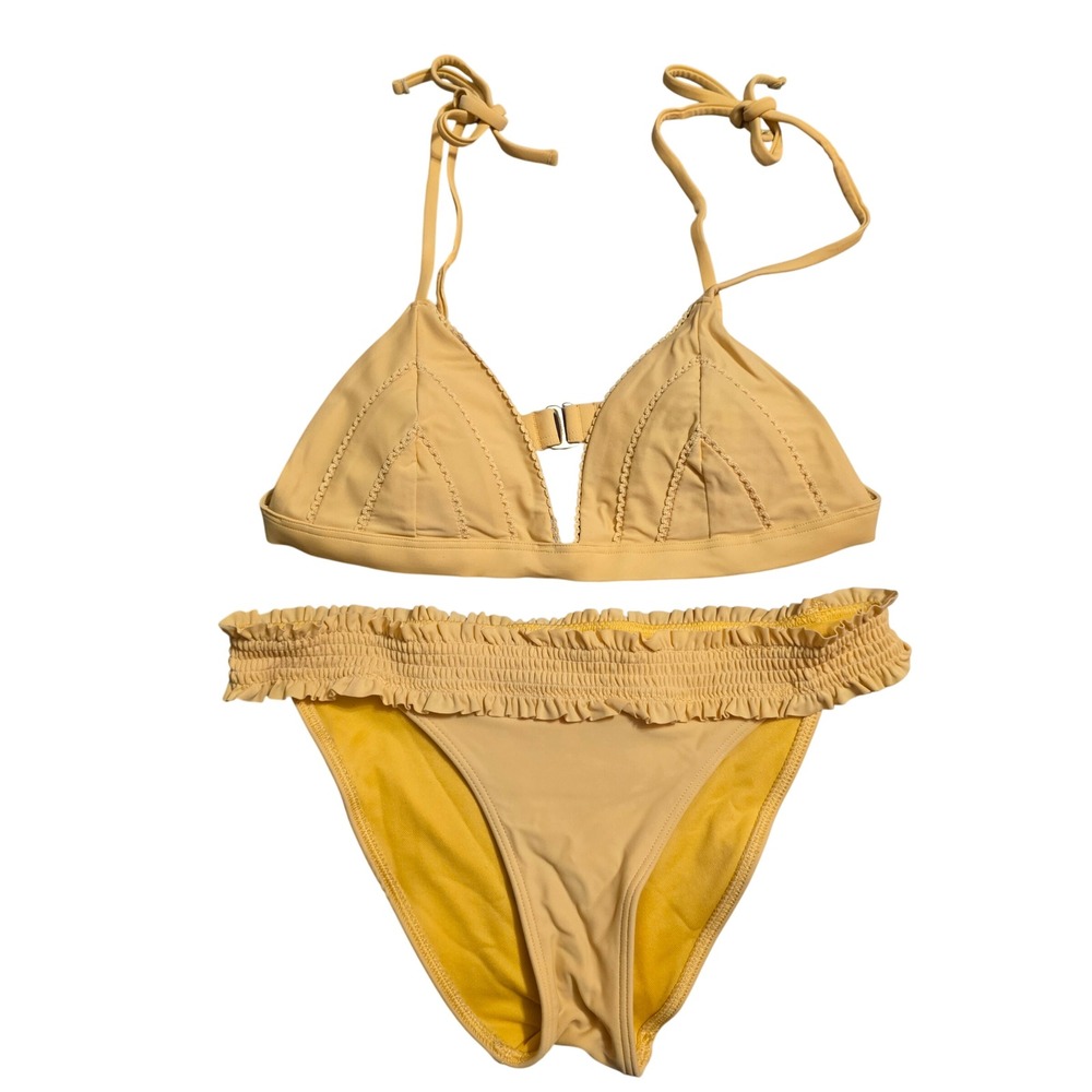 Hollister Swim Yellow Triangle Bikini Set Ruffle Smocked Bottoms Small XS